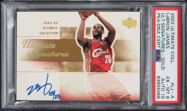 2003 Ultimate Collection Signatures Gold LeBron James RC AUTO DNA 10 /23 PSA 6