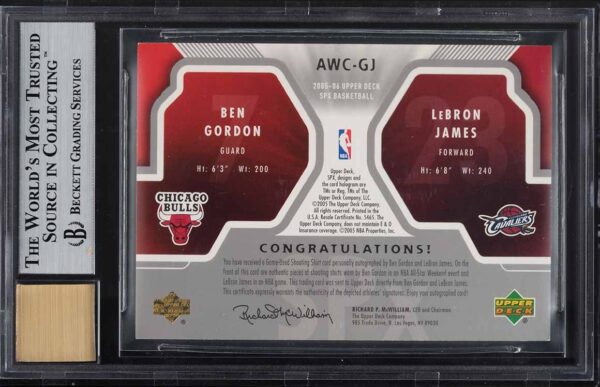 2005 SPx Winning Materials Combos Ben Gordon LeBron James PATCH AUTO /10 BGS 9 - Image 2