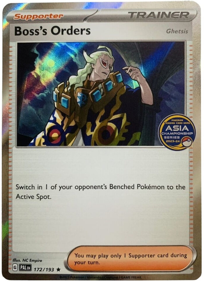 SV Paldea Evolved 172/193 Boss’s Orders [Ghetsis] (Asia Championship 23-24 Stamp) - Image 1