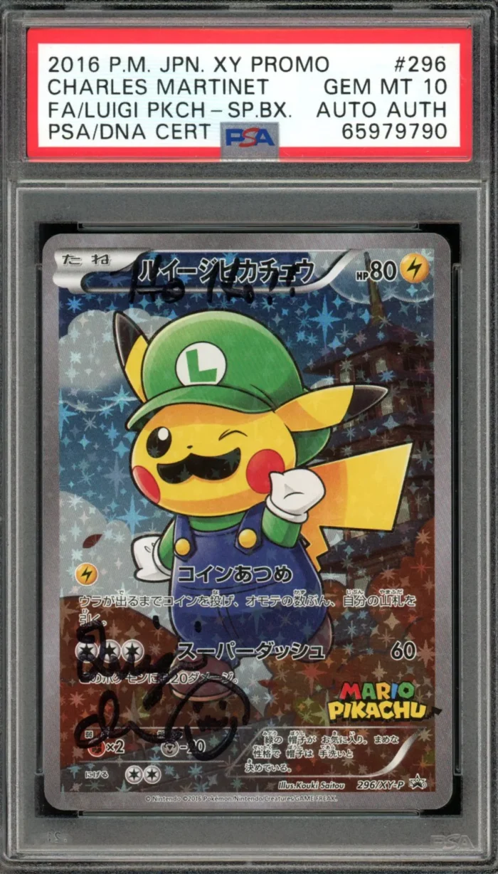 Pokémon Luigi Poncho Pikachu PSA 10 Auto Authentic Charles Martinet “Voice of Mario” - Image 1